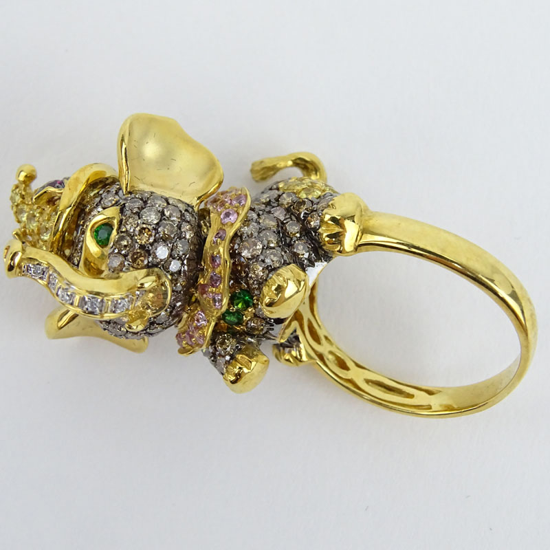 Multi Color Fancy Diamond, Gemstone and 18 Karat Yellow Gold Elephant Ring. 