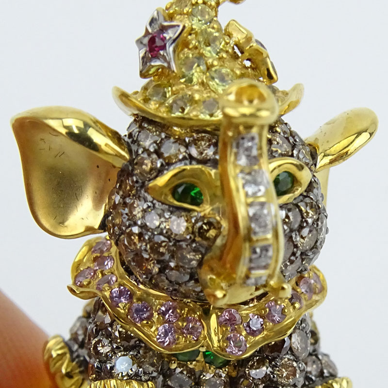 Multi Color Fancy Diamond, Gemstone and 18 Karat Yellow Gold Elephant Ring. 