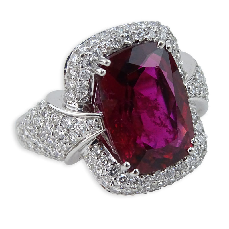 Large Oval Cushion Cut Rubelite Tourmaline, Diamond and 18 Karat White Gold Ring. 