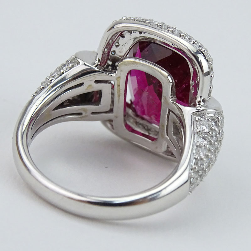 Large Oval Cushion Cut Rubelite Tourmaline, Diamond and 18 Karat White Gold Ring. 