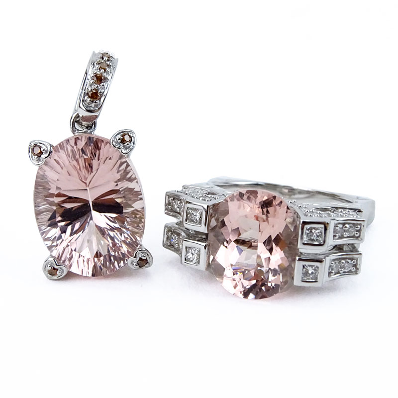 Oval Criss Cross Cut Morganite, Diamond and 18 Karat White Gold together with Oval Criss Cross Cut Morganite, Diamond and 14 Karat White Gold Pendant. 