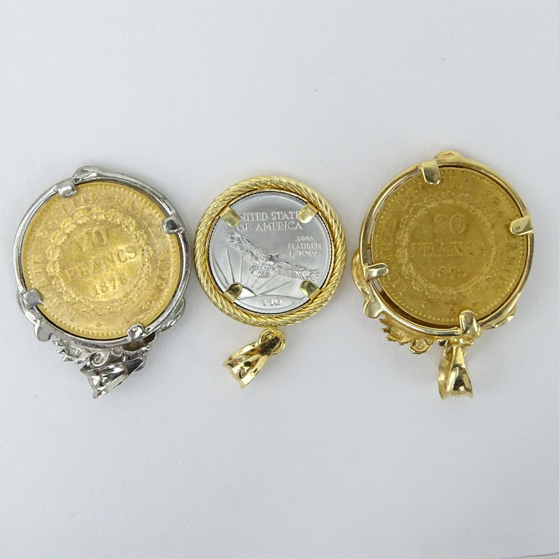 Vintage Platinum American Eagle $10 Coin along with two (2) 1876 Gold Lucky Angel 20 Franc Coins all in White or Yellow 14 Karat Gold Pendants.