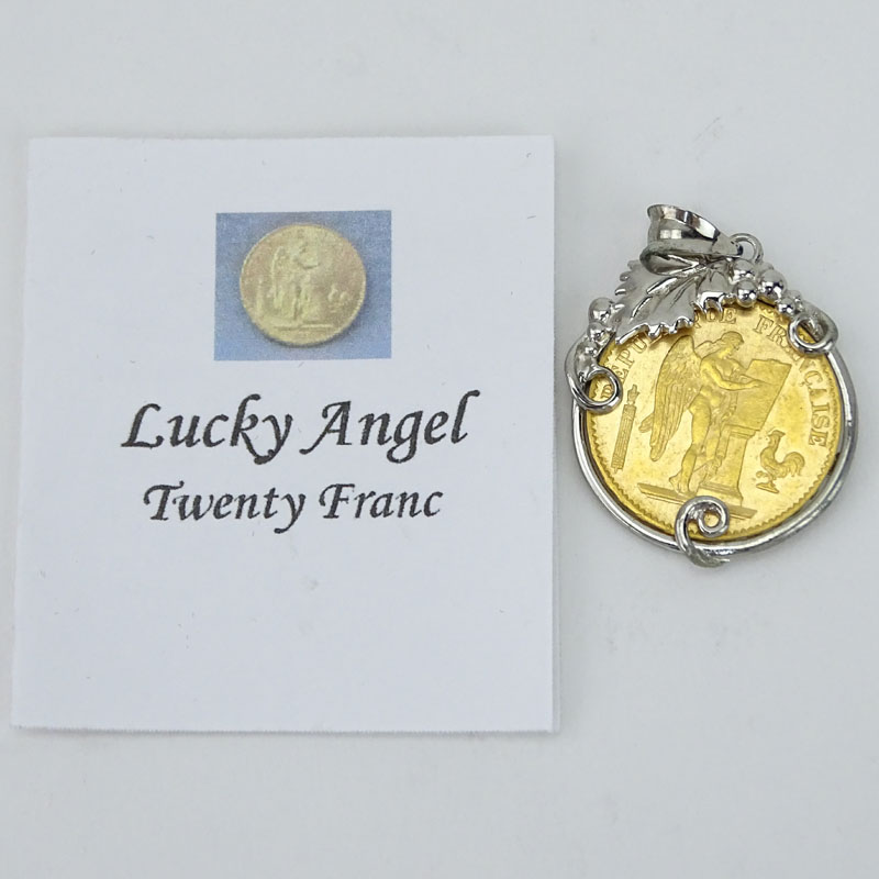 Vintage Platinum American Eagle $10 Coin along with two (2) 1876 Gold Lucky Angel 20 Franc Coins all in White or Yellow 14 Karat Gold Pendants.