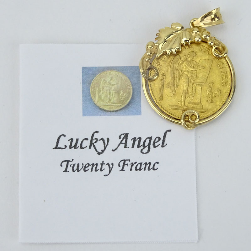 Vintage Platinum American Eagle $10 Coin along with two (2) 1876 Gold Lucky Angel 20 Franc Coins all in White or Yellow 14 Karat Gold Pendants.