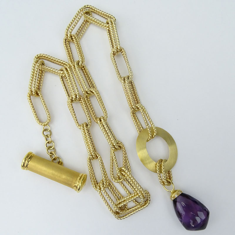 Vintage Italian Large Briolette Cut Amethyst and 14 Karat Yellow Gold Necklace.