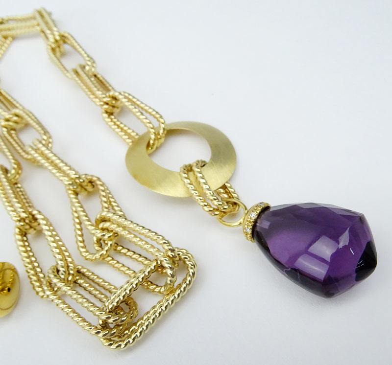 Vintage Italian Large Briolette Cut Amethyst and 14 Karat Yellow Gold Necklace.