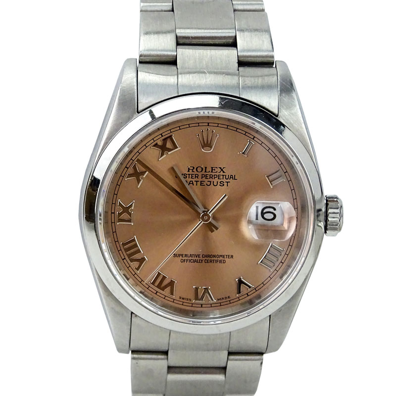 Rolex Datejust Stainless Steel Pink Dial Roman Numerals Automatic Chronometer Watch.