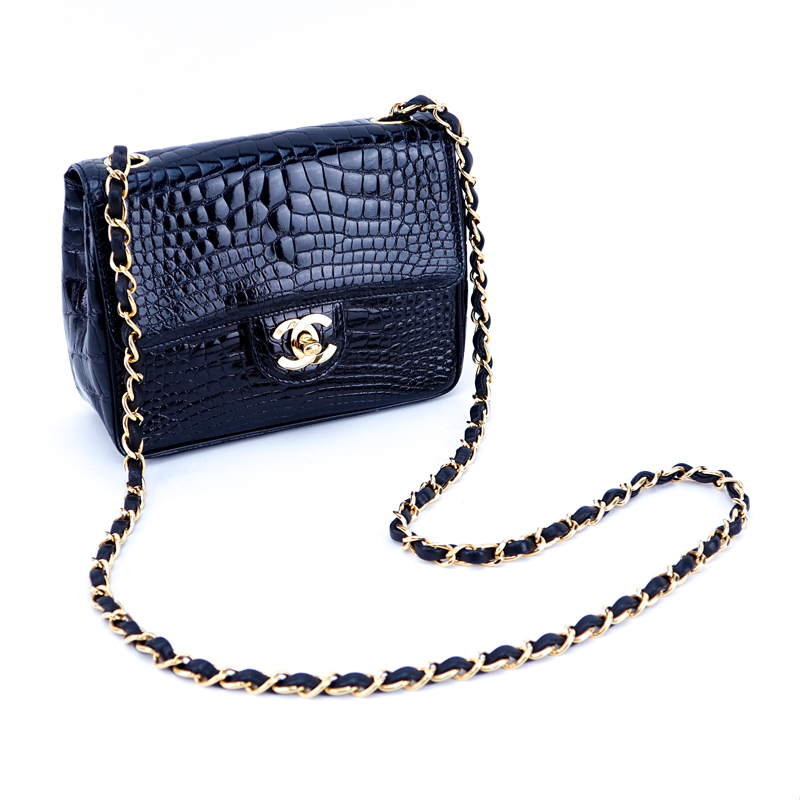 Chanel Black Crocodile Mini Flap Bag With Chain.