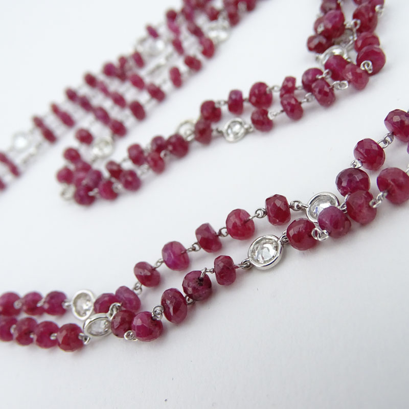 Approx. 7.50 Carat Round Brilliant Cut Diamond, 12.5 Carat Ruby Bead and 14 Karat White Gold Necklace. 