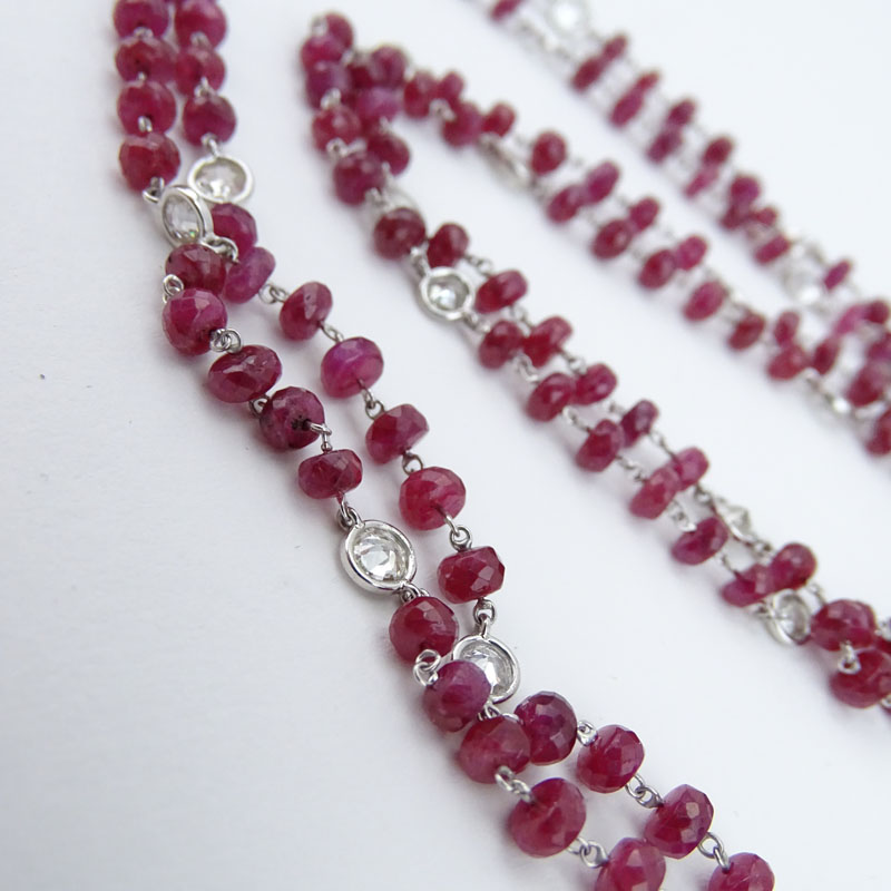 Approx. 7.50 Carat Round Brilliant Cut Diamond, 12.5 Carat Ruby Bead and 14 Karat White Gold Necklace. 