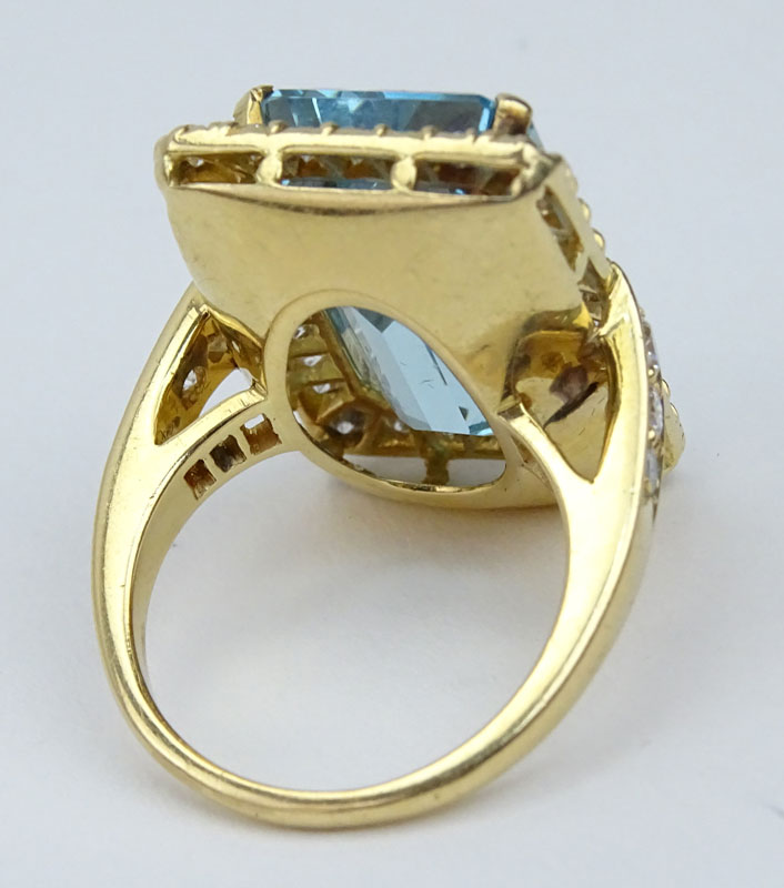 Vintage Approx. 20.0 Carat Emerald Cut Gem Quality Aquamarine, 2.0 Carat Round Brilliant Cut Diamond and 14 Karat Yellow Gold. 