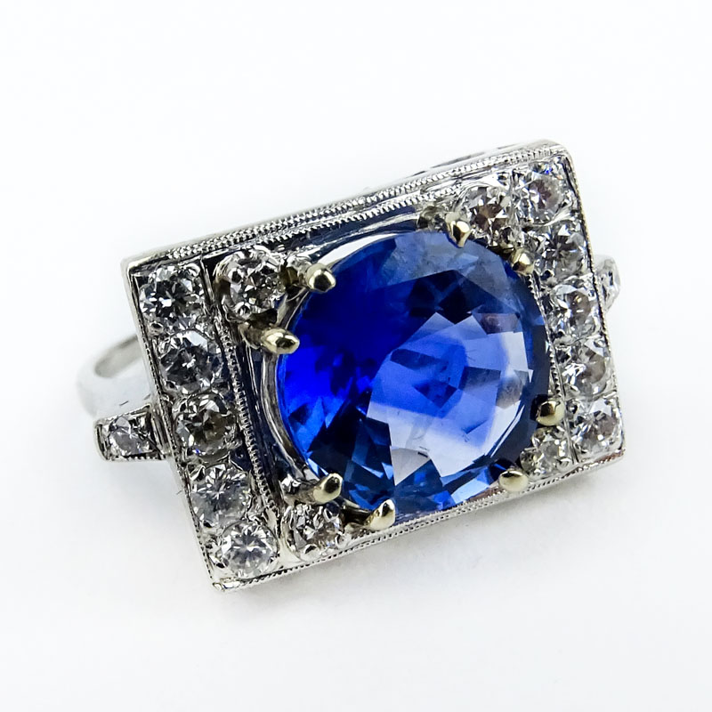 Fine Quality Vintage Art Deco style Approx. 4.12 Carat Round Brilliant Cut Sapphire, .70 Carat Diamond and Platinum Filigree Ring.