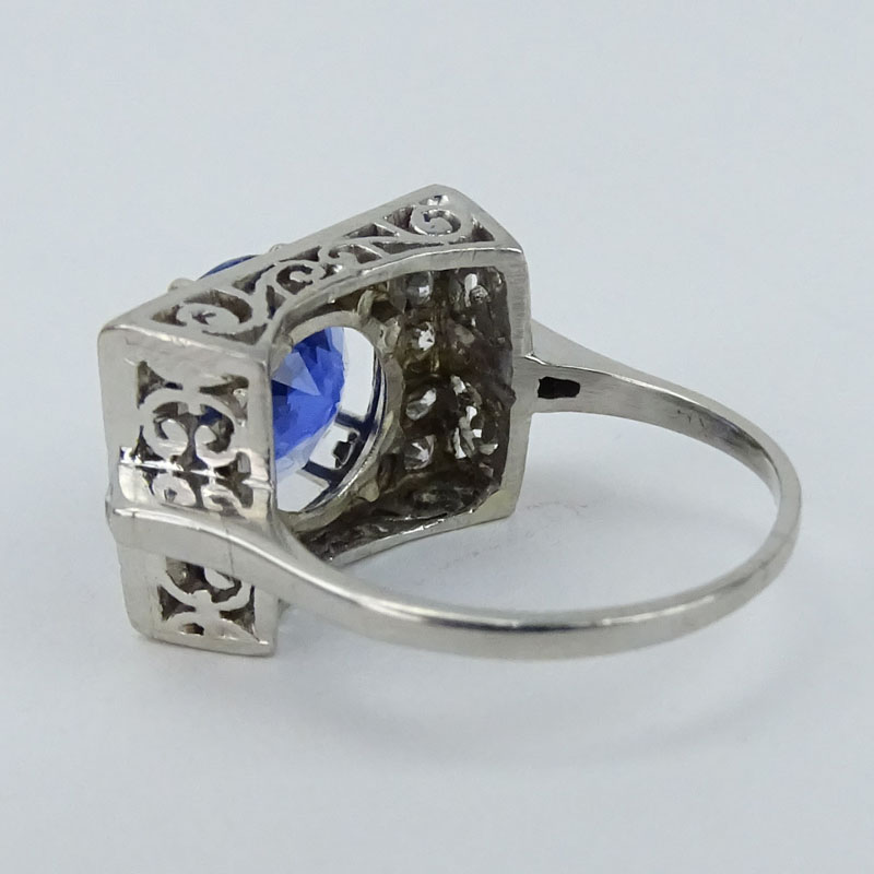 Fine Quality Vintage Art Deco style Approx. 4.12 Carat Round Brilliant Cut Sapphire, .70 Carat Diamond and Platinum Filigree Ring.