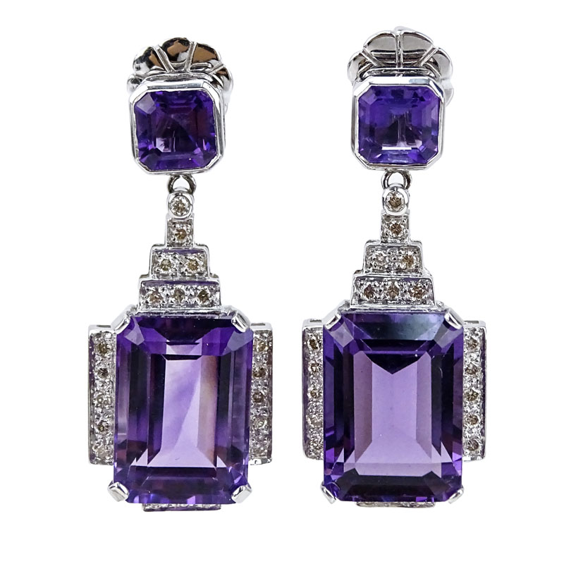 Approx. 18.66 Carat Amethyst, 1.50 Carat Diamond and 18 Karat White Gold Pendant Earrings. 