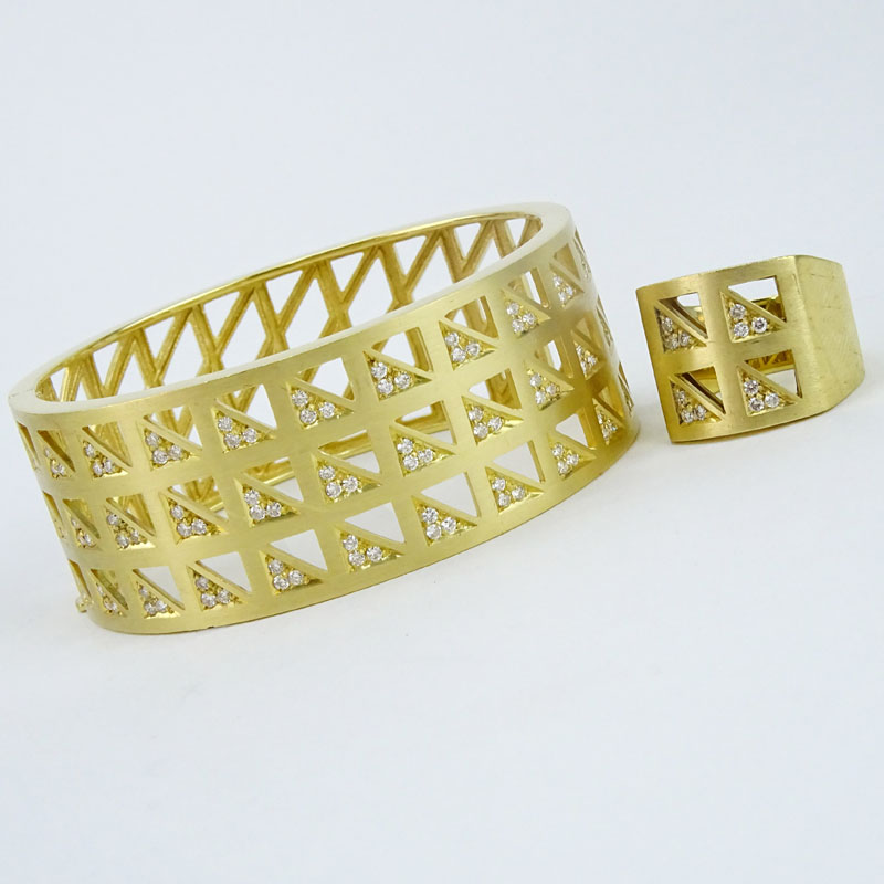 18 Karat Yellow Gold and Pave Set Diamond Cuff Bangle Bracelet with Pin-lock and Ring Suite.