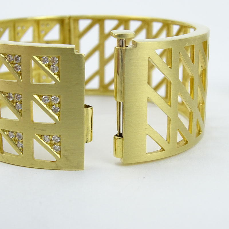 18 Karat Yellow Gold and Pave Set Diamond Cuff Bangle Bracelet with Pin-lock and Ring Suite.