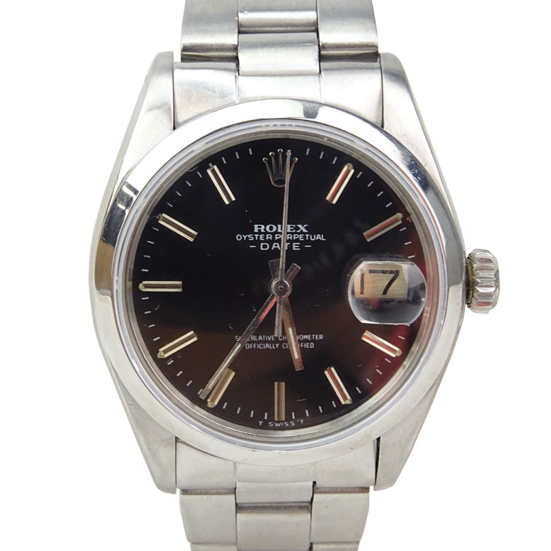 Vintage Rolex Date Stainless Steel Oyster Bracelet Watch with Black Dial, 34mm Case. 