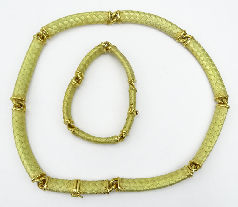 Vintage Italian 18 Karat Yellow Gold Bar Link Necklace and Bracelet Suite.