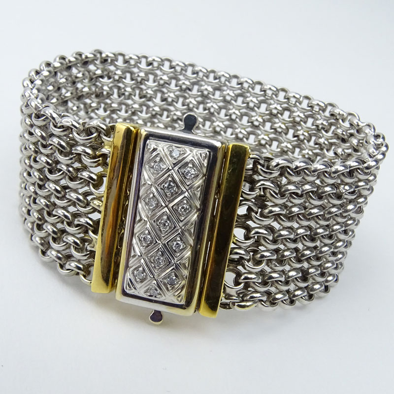 Italian Platinum, 18 Karat Yellow Gold and Diamond Accent Mesh Bracelet and Necklace Suite. 