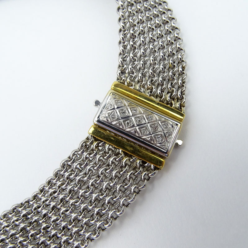 Italian Platinum, 18 Karat Yellow Gold and Diamond Accent Mesh Bracelet and Necklace Suite. 