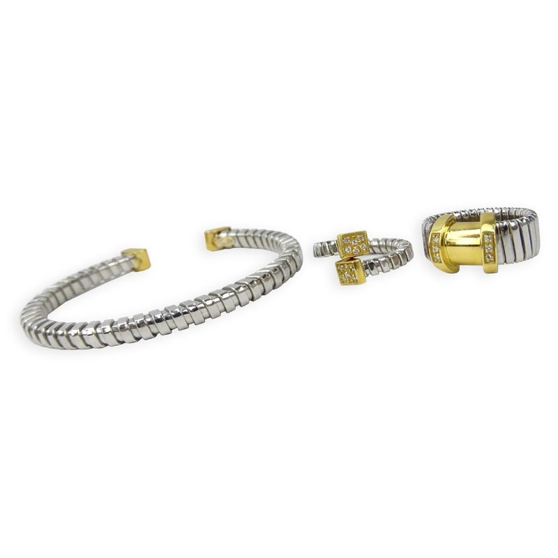 Vintage Italian Platinum and Diamond 18 Karat Yellow Gold Flexible Cuff Bangle Bracelet and 2 Rings Suite.