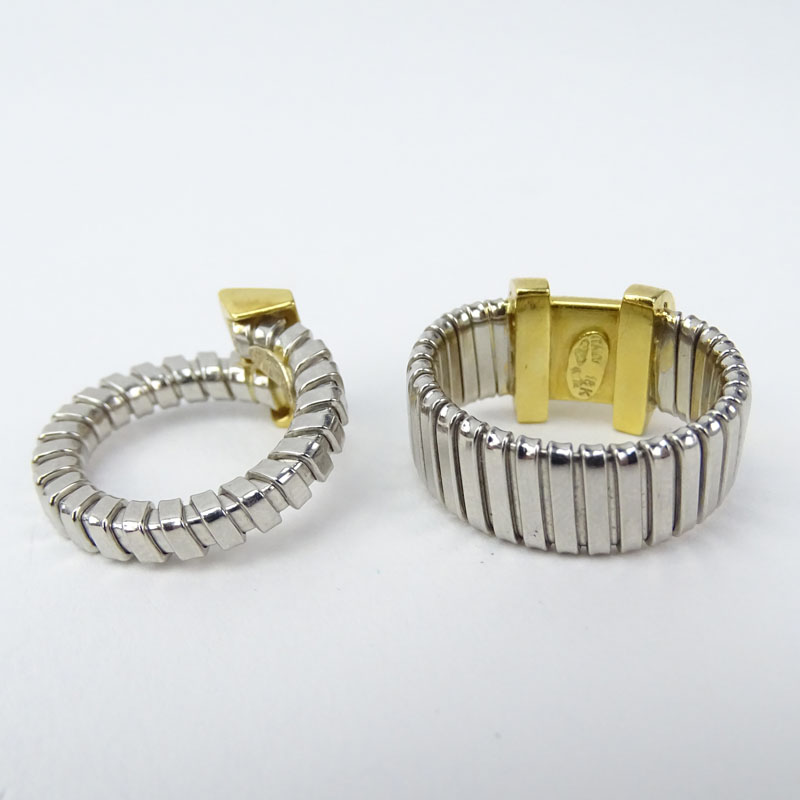 Vintage Italian Platinum and Diamond 18 Karat Yellow Gold Flexible Cuff Bangle Bracelet and 2 Rings Suite.