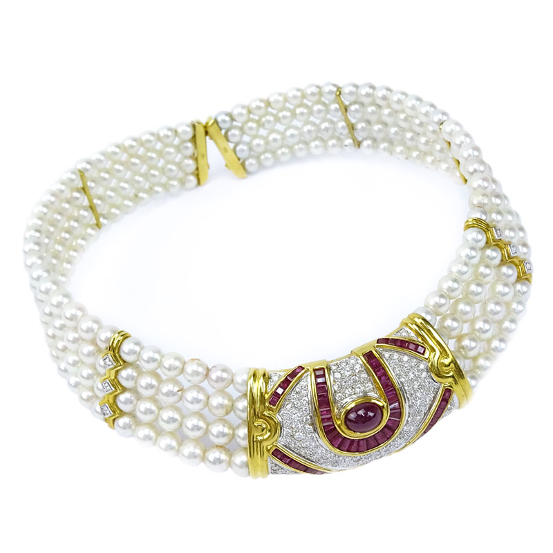 Fine Quality Burma Ruby, Pave Set Diamond, Pearl and 18 Karat Yellow Gold Four (4) Strand Flexible Choker Necklace. 