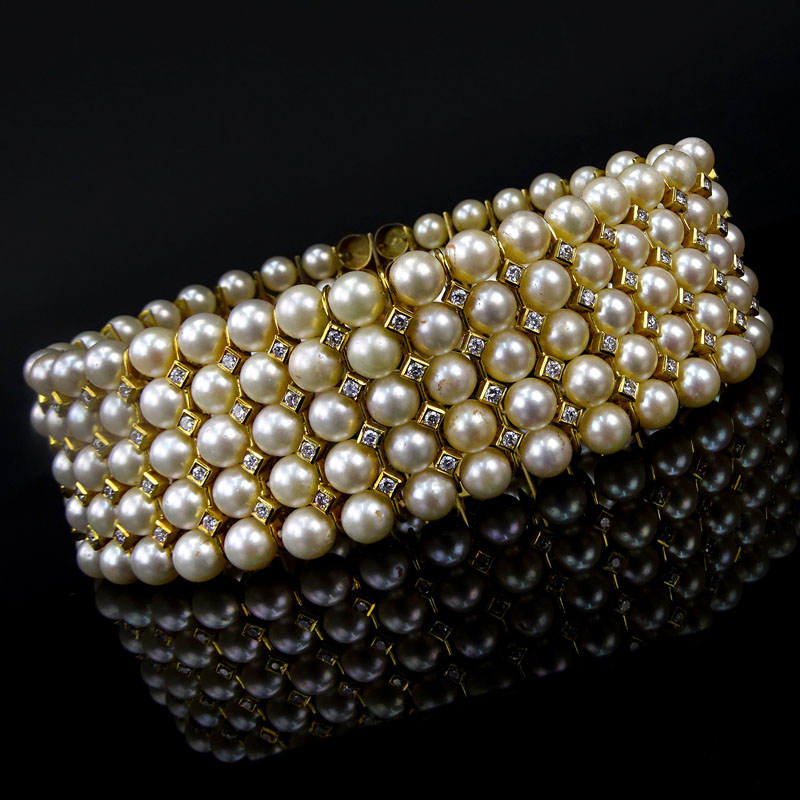 Exceptional Custom Pearl, Diamond and 18 Karat Yellow Gold Choker Necklace. 