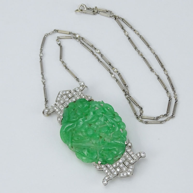 Antique Platinum and Old European Cut Diamond Mounted Chinese Finely Carved Openwork Jade Brooch / Necklace.