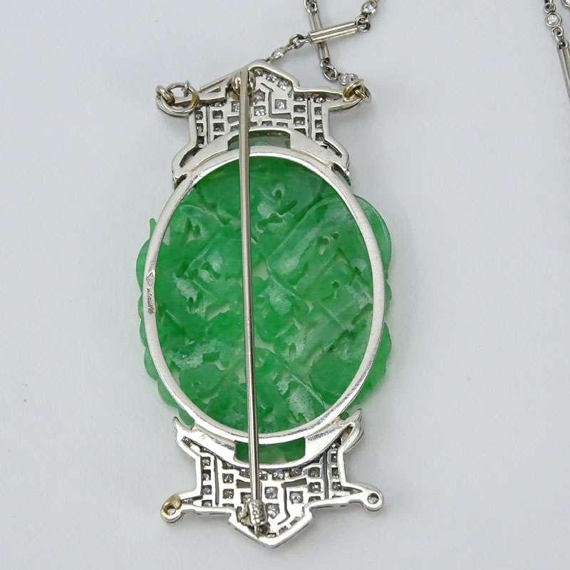 Antique Platinum and Old European Cut Diamond Mounted Chinese Finely Carved Openwork Jade Brooch / Necklace.