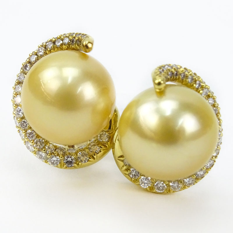 Vintage Golden South Sea Pearl, Approx. 1.80 Carat Round Brilliant Cut Diamond and 18 Karat Yellow Gold Earrings. 