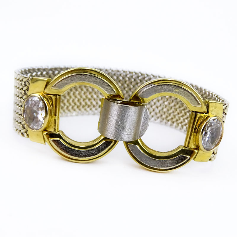 Vintage Italian 18 Karat Yellow Gold Mesh Bracelet with CZ Accents.