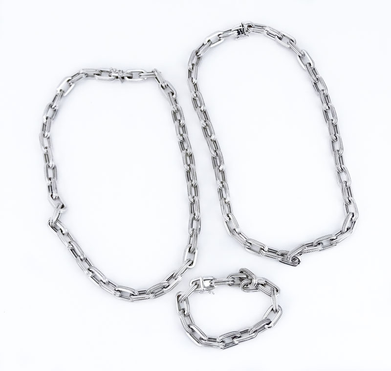 Vintage Italian 18 Karat White Gold Chain Link Necklace and Bracelet Suite.