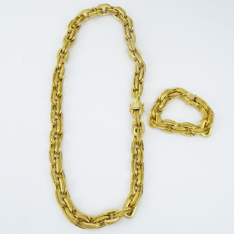Heavy Italian 18 Karat Yellow Gold Large Link Necklace and Bracelet Suite.