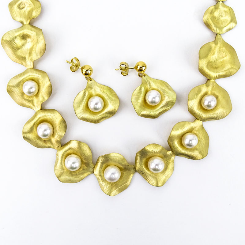 Vintage 18 Karat Yellow Gold and Pearl Leaf Form Link Necklace and Earring Suite.