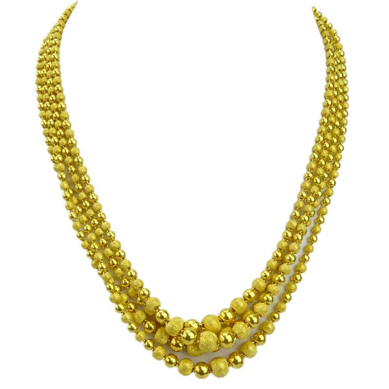 Vintage Long 24 Karat Pure Yellow Gold Graduated Bead Single Strand Necklace.