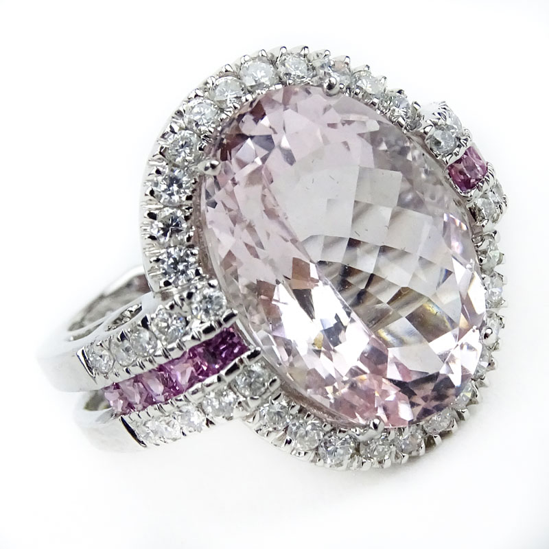 Large Oval Criss Cross Cut Morganite, Round Brilliant Cut Diamond, Pink Sapphire and 18 Karat White Gold Ring. 