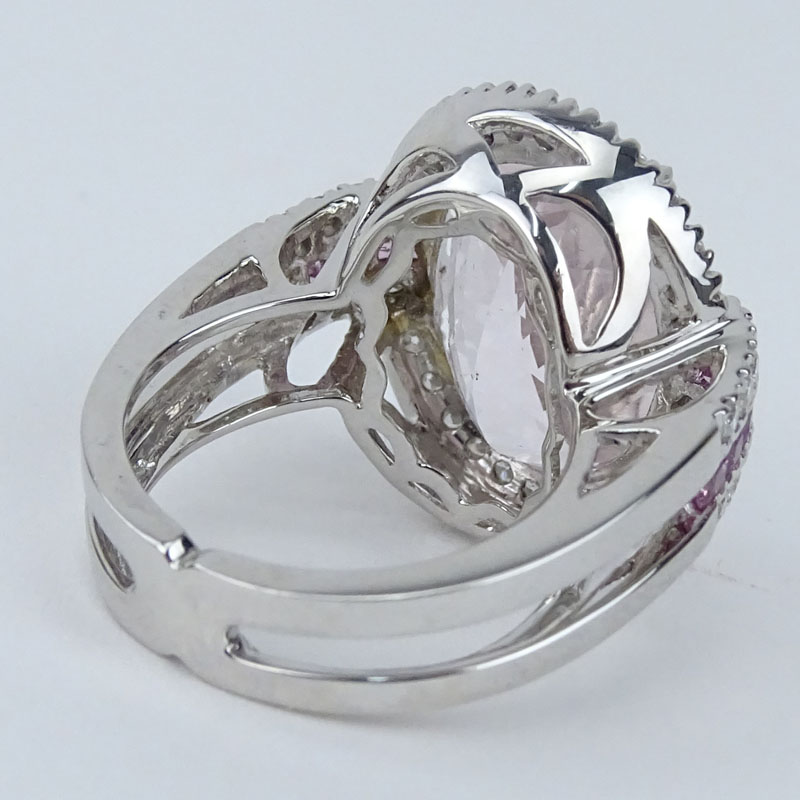 Large Oval Criss Cross Cut Morganite, Round Brilliant Cut Diamond, Pink Sapphire and 18 Karat White Gold Ring. 