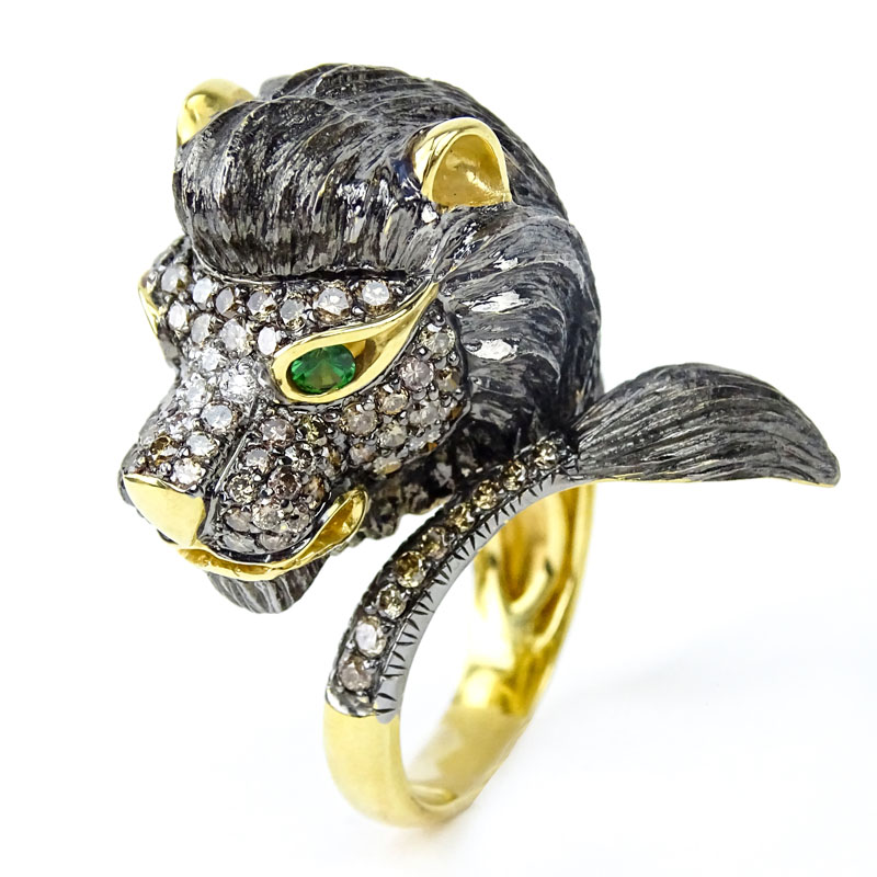 Vintage 18 Karat Yellow Gold, Round Cut Colored Diamond, Emerald Lion Head Ring. 