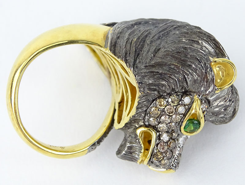 Vintage 18 Karat Yellow Gold, Round Cut Colored Diamond, Emerald Lion Head Ring. 