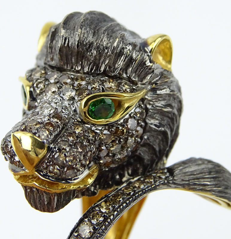 Vintage 18 Karat Yellow Gold, Round Cut Colored Diamond, Emerald Lion Head Ring. 