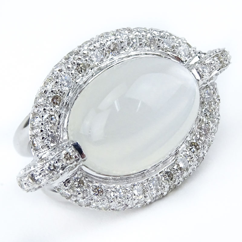 Large Oval Cabochon Moonstone, Pave Set Diamond and 18 Karat White Gold Ring. 