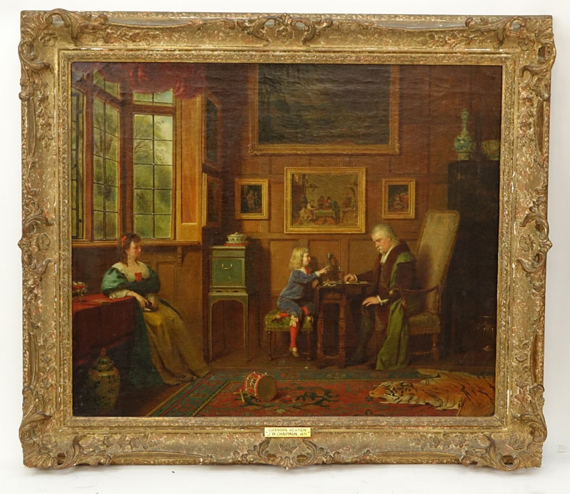 John Watkins Chapman, English (fl.1853-1903) Oil on Canvas "Grampa Beaten." Tag signed, titled, and dated 1871 affixed lower. 