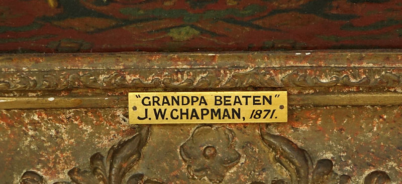 John Watkins Chapman, English (fl.1853-1903) Oil on Canvas "Grampa Beaten." Tag signed, titled, and dated 1871 affixed lower. 