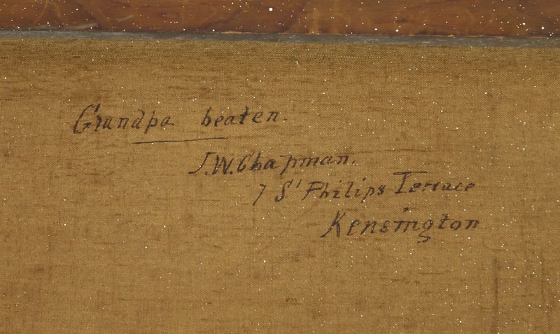 John Watkins Chapman, English (fl.1853-1903) Oil on Canvas "Grampa Beaten." Tag signed, titled, and dated 1871 affixed lower. 