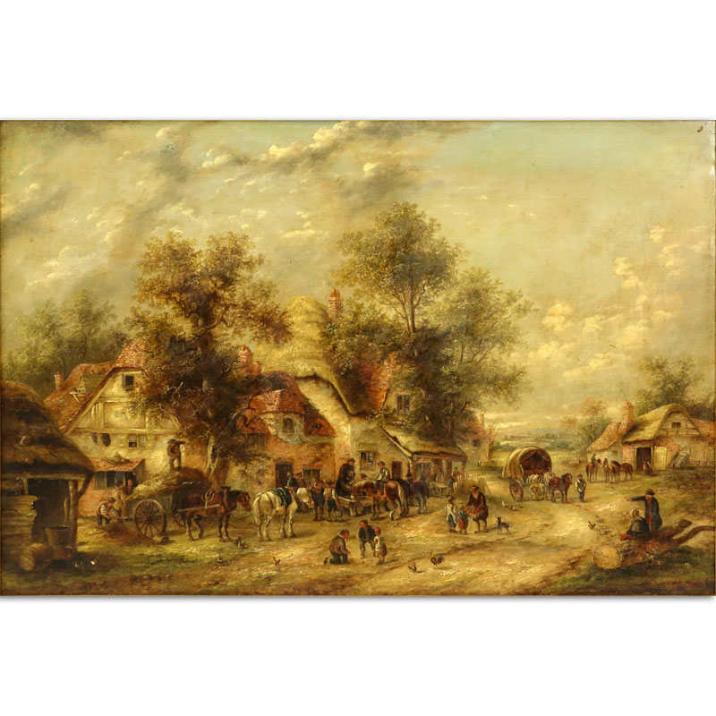 Georgina Lara, British (fl.1862 - 1871) Oil on Canvas "Village Scene." Tag signed G. La'ra , titled, 