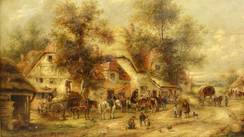 Georgina Lara, British (fl.1862 - 1871) Oil on Canvas "Village Scene." Tag signed G. La'ra , titled, 