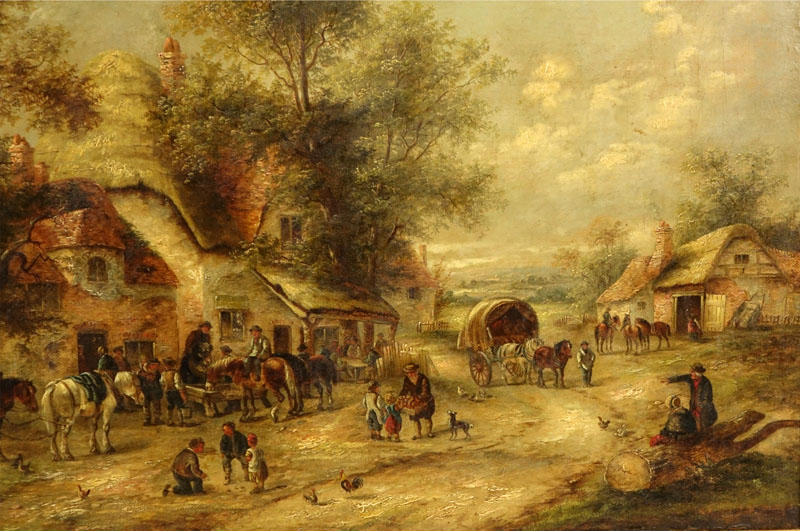 Georgina Lara, British (fl.1862 - 1871) Oil on Canvas "Village Scene." Tag signed G. La'ra , titled, 