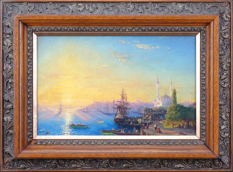 Follower of: Ivan Konstantinovich Aivazovsky, Russian (1817-1900) Oil on canvas "Port City". Signed lower right in Cyrillic. 