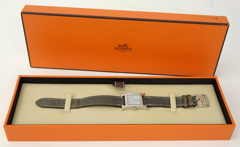 Hermes H Watch With Etoupe Clemence Leather Strap.